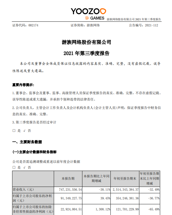 游族网络前三季度营业收入25.14亿元 同比下降32.49％