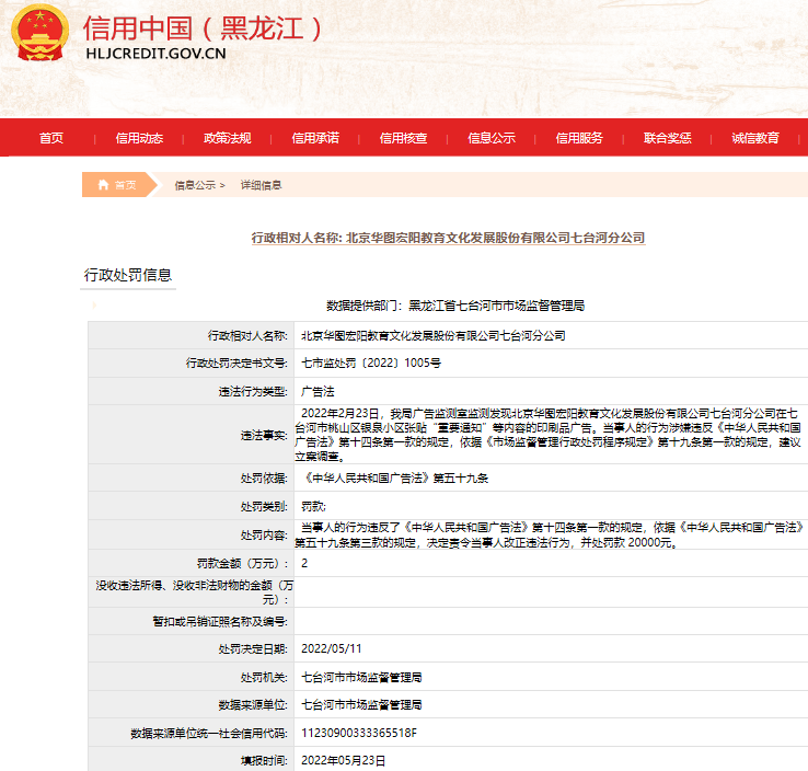 “华图教育七台河分公司违反广告法被罚
